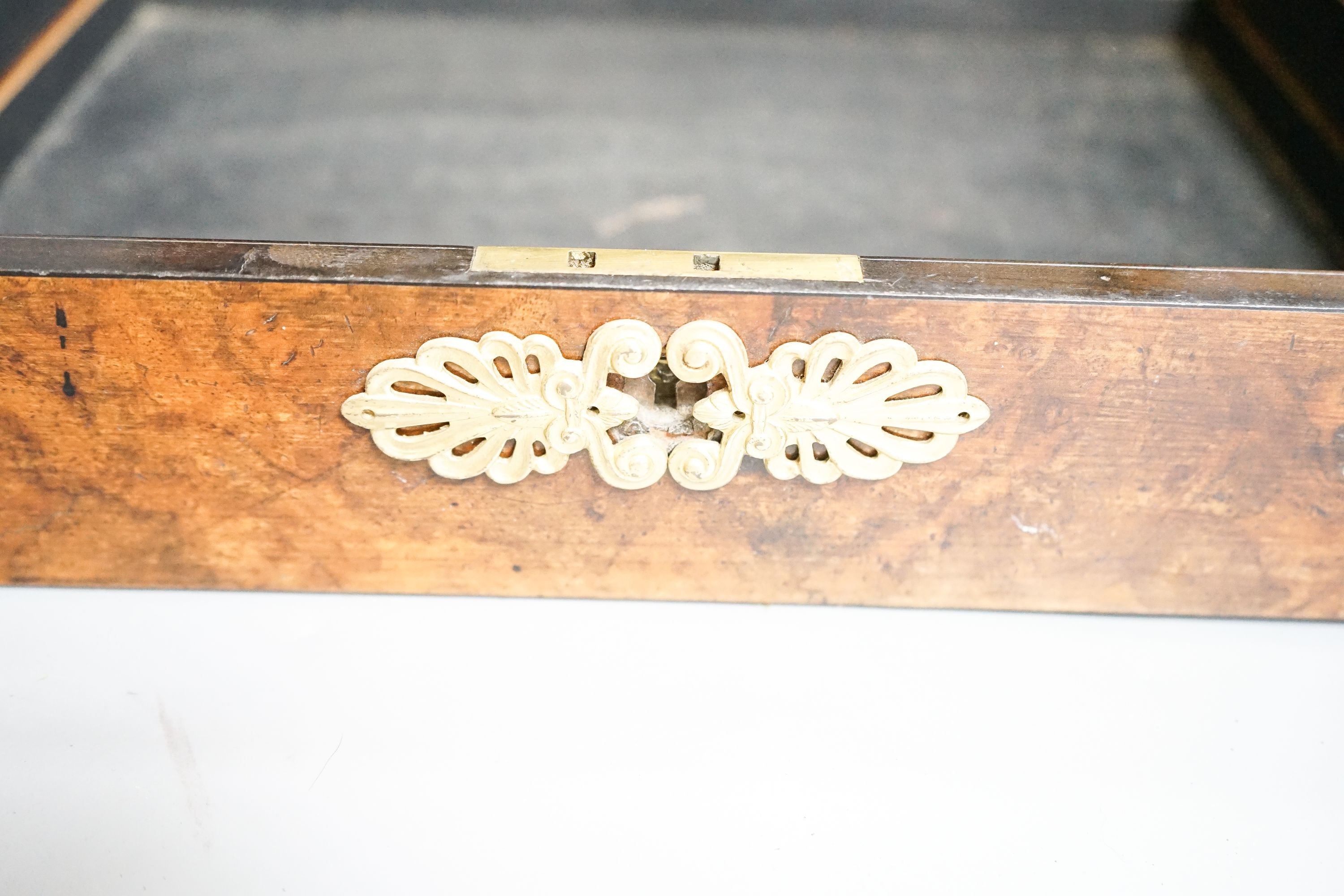 A late 19th/early 20th century brass mounted burr walnut box, label to interior reading ‘E.Gould & Son. Chemists. 32. Moorgate street. E.C. And 20 Bishops road. W. By appointment to the London Homeopathic Hospital.’